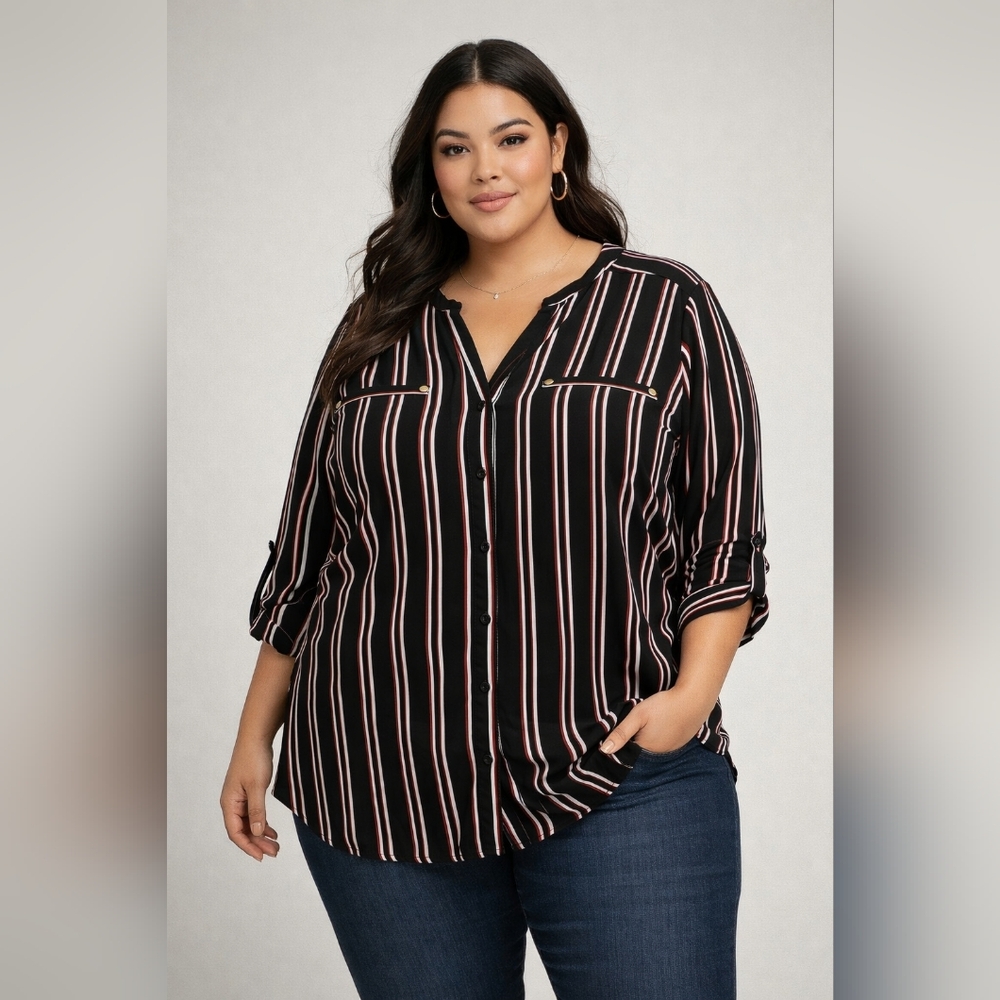 Simply Emma 2XL Black Striped Blouse Red Vertical Stripe Button Front Roll #H7